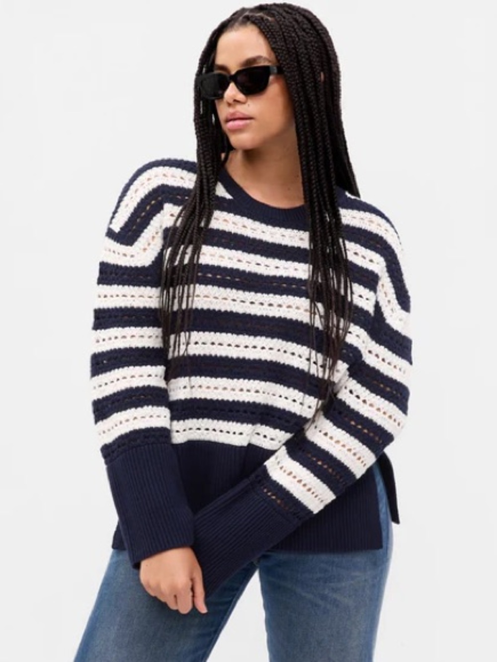 GAP Sz L Split Hem Crochet Strip Nautical Blue White Cotton Relaxed Sweater
